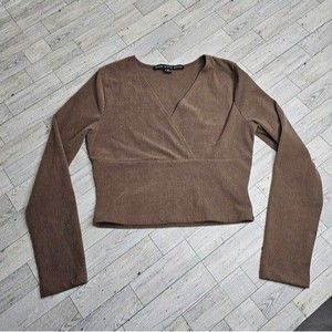 HYFVE Brown Ribbed Cropped LS Cross-Front Top, Size M